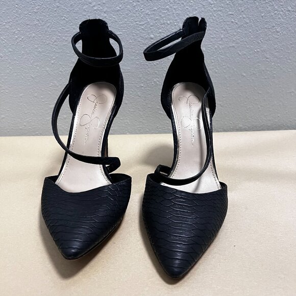 Jessica Simpson Black Faux Snakeskin Pointed Toe Heels With Ankle Strap 9.5 - Picture 1 of 9